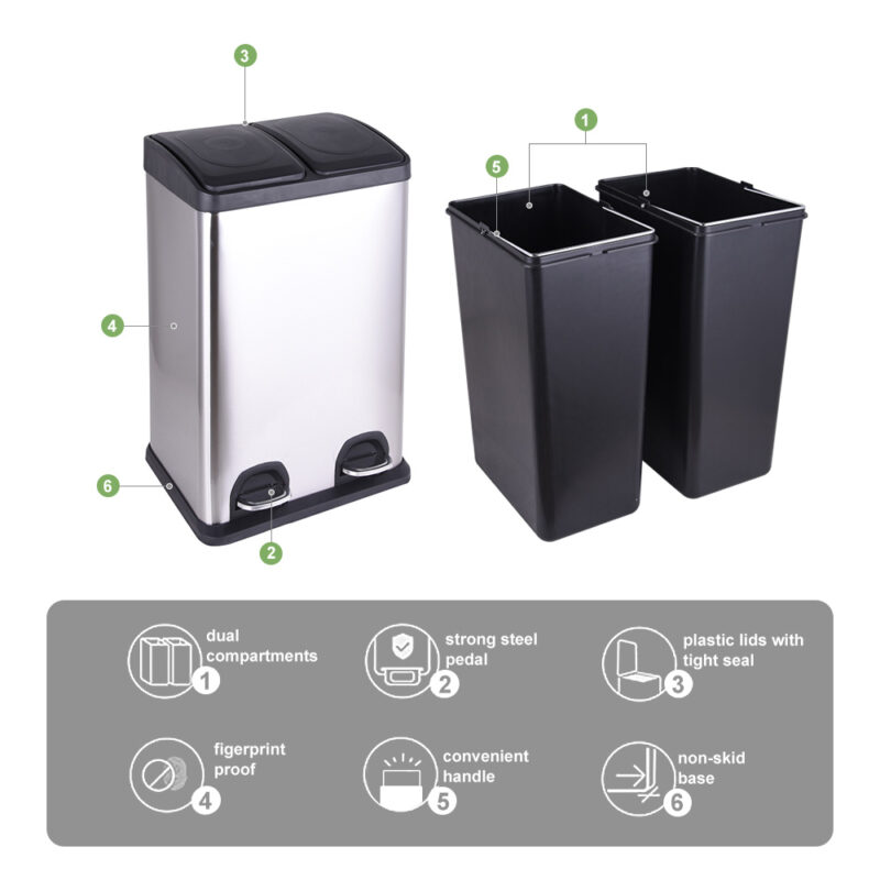 Dual Trash Can(2 x 20L) Steel Pedal with Lid WBS029 - Image 8