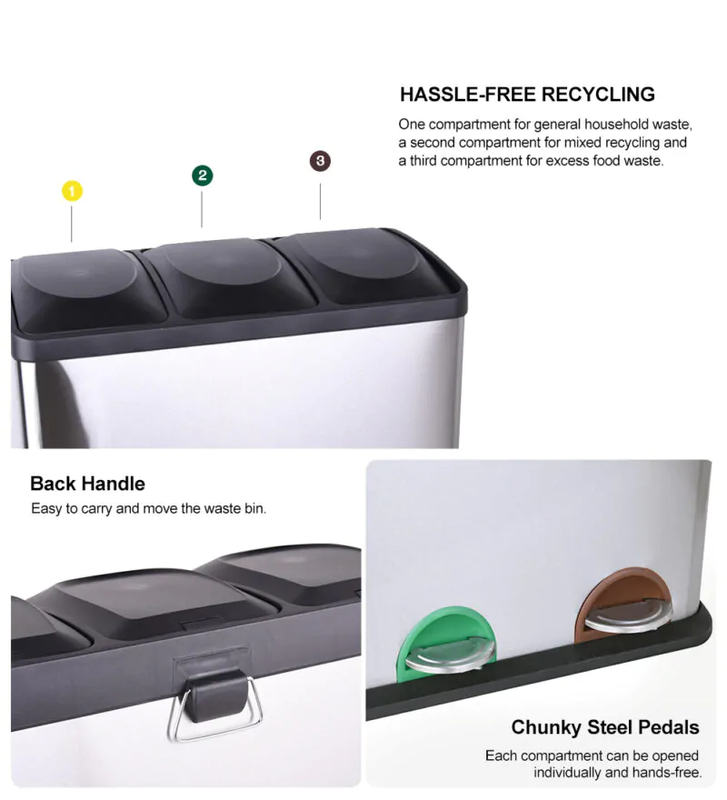 3 Garbage Cans Recycle Bin with Soft-Close Lids WBS028 - Image 4