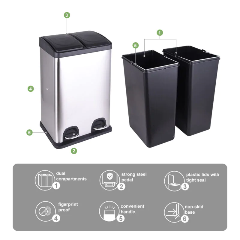 Dual Trash Can(2 x 20L) Steel Pedal with Lid WBS029 - Image 8