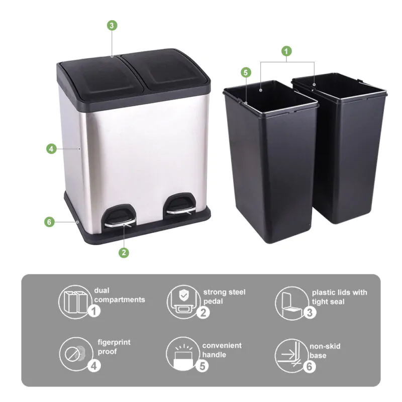 2 x 4 Gal (2 x 15L)Steel Pedal trash can with Lid WBS029 - Image 3